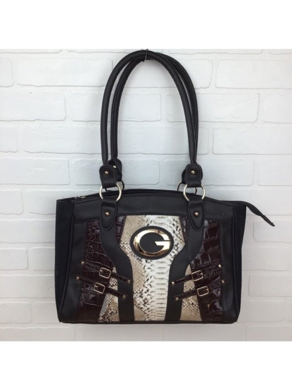 Shoulder bag black brown white snake pattern contemporary lightweight vegan purs